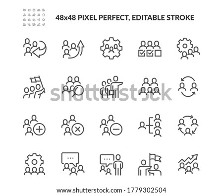 Simple Set of Team Work Related Vector Line Icons. Contains such Icons as Team Setup, Performance, Structure and more. Editable Stroke. 48x48 Pixel Perfect.