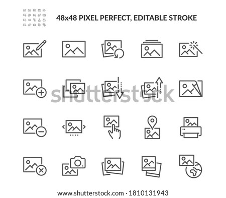 Simple Set of Photo Related Vector Line Icons. Contains such Icons as Edit, Print, Enhance Image and more. Editable Stroke. 48x48 Pixel Perfect.