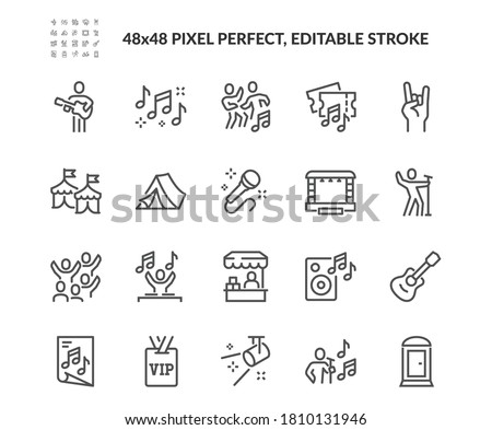 Simple Set of Music Festival Related Vector Line Icons. Contains such Icons as Singer, Stage, Happy People in Crowd and more. Editable Stroke. 48x48 Pixel Perfect.