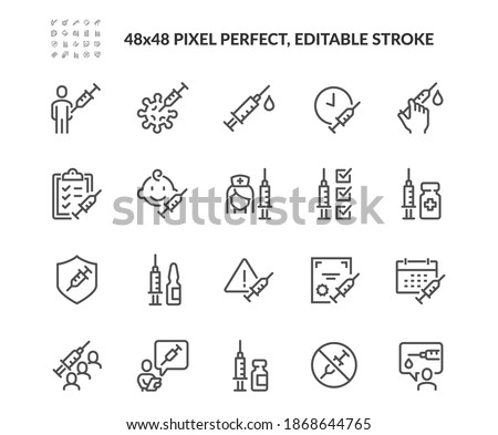 Simple Set of Vaccine Related Vector Line Icons. Contains such Icons as Warning, Medical Syringe, Quality Certificate and more. Editable Stroke. 48x48 Pixel Perfect.