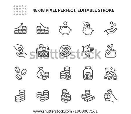 Simple Set of Coins Related Vector Line Icons. Contains such Icons as Coins Stack and Donation, Tips Jar and more. Editable Stroke. 48x48 Pixel Perfect. Foto d'archivio © 
