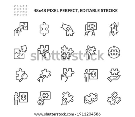 Simple Set of Puzzle Related Vector Line Icons. Contains such Icons as Thinking Man, Problem Discussion, Puzzle Pieces and more. Editable Stroke. 48x48 Pixel Perfect.