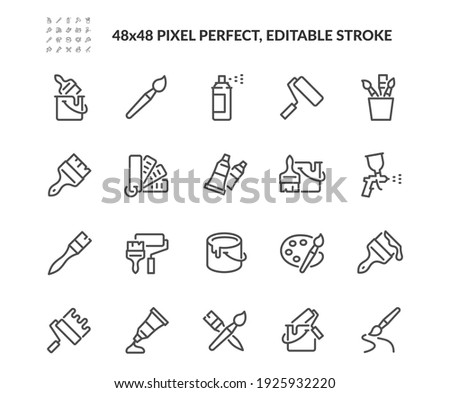 Simple Set of Brushes and Painting Related Vector Line Icons. 
Contains such Icons as Spray, Color palette, Paint Bucket and more. Editable Stroke. 48x48 Pixel Perfect. Imagine de stoc © 