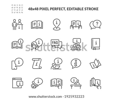 Simple Set of Info and Help Desk Related Vector Line Icons. 
Contains such Icons as Manual, Guide Reading, Info center and more. Editable Stroke. 48x48 Pixel Perfect.
