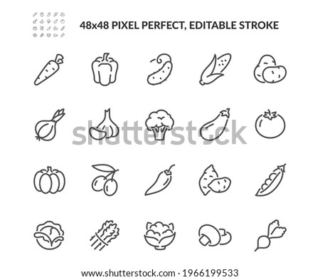 Simple Set of Vegetables Related Vector Line Icons. Contains such Icons as Tomato, Olives, Garlic and more. Editable Stroke. 48x48 Pixel Perfect.