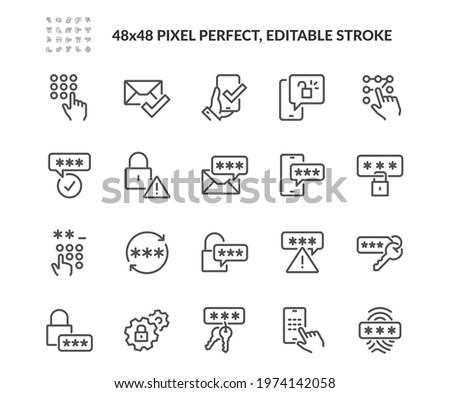 Simple Set of Password Related Vector Line Icons. Contains such Security Alert, Key, Autorization and more. Editable Stroke. 48x48 Pixel Perfect.
