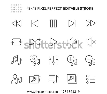 Simple Set of Music Controls Related Vector Line Icons. Contains such Icons as Artist, Songs List, Mute and more. Editable Stroke. 48x48 Pixel Perfect.
