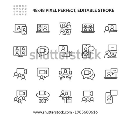 Simple Set of Video Conference Related Vector Line Icons. Contains such Icons as Group Chat, 360 Degree View Camera, Video Call and more. Editable Stroke. 48x48 Pixel Perfect.