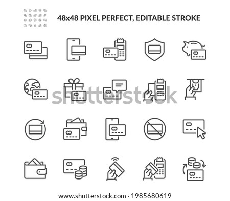 Simple Set of Credit Card Related Vector Line Icons. Contains such Icons as Wireless Payment, Do not accept cards sign, Wallet and more. Editable Stroke. 48x48 Pixel Perfect.