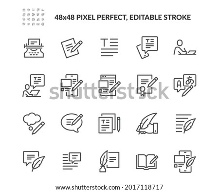 Simple Set of Text Related Vector Line Icons. Contains such Icons as Write Review, Creative Article Writing, Internet Content Editing and more. Editable Stroke. 48x48 Pixel Perfect. Foto d'archivio © 