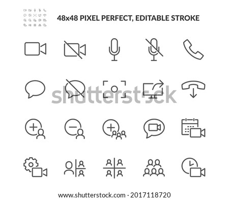 Simple Set of Video Conference Interface Related Vector Line Icons. 
Contains such Icons as Share Screen, Mute Button, Switch to Presenter View and more. Editable Stroke. 48x48 Pixel Perfect.
