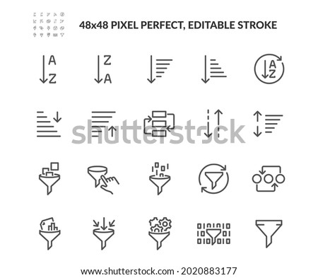 Simple Set of Sorting And Filtering Related Vector Line Icons. 
Contains such Icons as Data Processing, Structure Order, Digital Management and more. Editable Stroke. 48x48 Pixel Perfect.