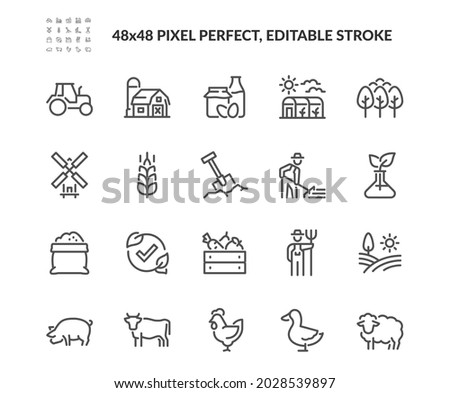Simple Set of Farming Related Vector Line Icons. Contains such Barn, Livestock, Tree Garden and more. Editable Stroke. 48x48 Pixel Perfect. Foto d'archivio © 
