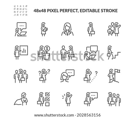 Simple Set of Business Woman Related Vector Line Icons. 
Contains such Icons as Handshake, Meeting, Female Leader and more. Editable Stroke. 48x48 Pixel Perfect.