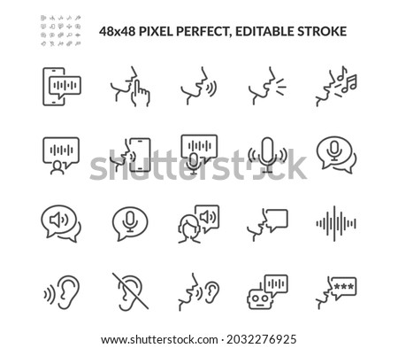 Simple Set of Voice Related Vector Line Icons. Contains such Icons as Whisper, Sound Message, Voice Control and more. Editable Stroke. 