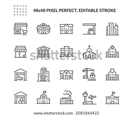 Simple Set of Buildings Related Vector Line Icons. 
Contains such Icons as Church, Sport Stadium, Medical Hospital and more. Editable Stroke. 48x48 Pixel Perfect.