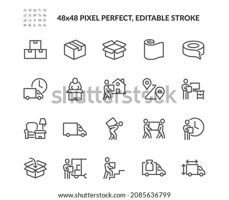 Simple Set of Moving Service Related Vector Line Icons. 
Contains such Icons as Office Move, Vehicle Cargo Stats, Loaders and more. Editable Stroke. 48x48 Pixel Perfect. Stock foto © 