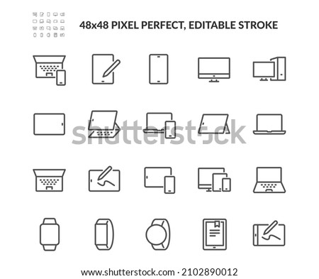 Simple Set of Personal Devices Related Vector Line Icons. 
Contains such Icons as Unfolded Tablet, Desktop PC Workstation, Round and Square Smart Watch and more. Editable Stroke. 48x48 Pixel Perfect.