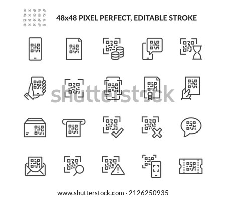 Simple Set of QR Code Related Vector Line Icons. Contains such Icons as Scanning Process, Verification, Show your code sign and more. Editable Stroke. 48x48 Pixel Perfect.