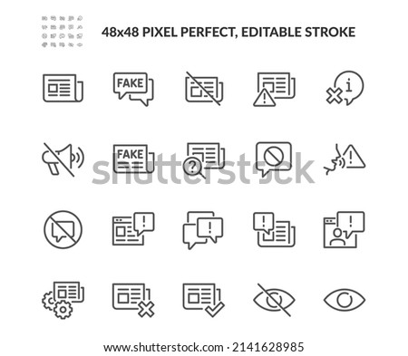 Simple Set of Fake News Related Vector Line Icons. Contains such Icons as Wrong Information, Propaganda, Inappropriate Content and more. Editable Stroke. 48x48 Pixel Perfect.