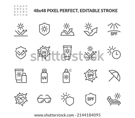 Simple Set of Sun Protection Related Vector Line Icons. 
Contains such Icons as Sunscreen, Sunglasses, UV rays exposure time and more. Editable Stroke. 48x48 Pixel Perfect. Foto d'archivio © 