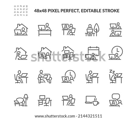 Simple Set of Work Place Related Vector Line Icons. Contains such Icons as Remote work, Coworking, Video Conference and more. Editable Stroke. 48x48 Pixel Perfect. Сток-фото © 