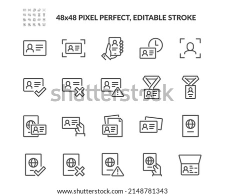 
Simple Set of ID and Verification Related Vector Line Icons. 
Contains such Icons as Passport, Driving License, Legal documents and more. Editable Stroke. 48x48 Pixel Perfect. Stock fotó © 