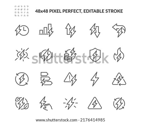 Simple Set of Energy Related Vector Line Icons. Contains such Icons as Energy Costs, Burn, Eco Friendly Power and more. Editable Stroke. 48x48 Pixel Perfect.