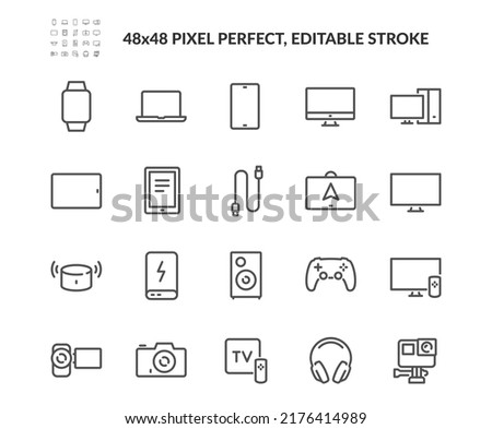 Simple Set of Electronic Devices Related Vector Line Icons. 
Contains such Icons as Game Console, Smart Speaker, Action Camera and more. Editable Stroke. 48x48 Pixel Perfect.