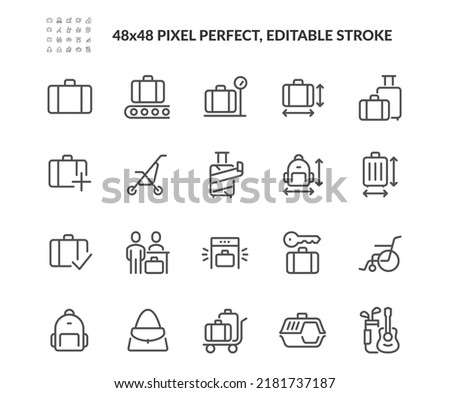 Simple Set of Baggage Related Vector Line Icons. 
Contains such Icons as Bag Size, Baby Carriage, Special None Format Baggage and more. Editable Stroke. 48x48 Pixel Perfect.
