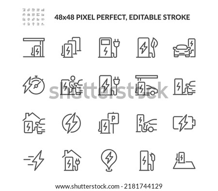Simple Set of Car Charging Station Related Vector Line Icons. 
Contains such Icons as Electric socket station, Car plugged to charge, Battery and more. Editable Stroke. 48x48 Pixel Perfect.