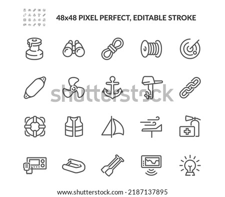 Simple Set of Sea Boat Equipment Related Vector Line Icons. 
Contains such Icons as Radar, Sailboat winch, Deck light and more. Editable Stroke. 48x48 Pixel Perfect.