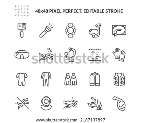 Simple Set of Diving Related Vector Line Icons. 
Contains such Icons as Equipment, Snorkeling, Diving Certificate and more. Editable Stroke. 48x48 Pixel Perfect.