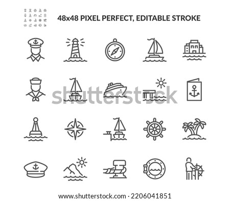 Simple Set of Travel by Sea Related Vector Line Icons. Contains such Icons as Port, Cruise Liner, Lighthouse and more. Editable Stroke. 48x48 Pixel Perfect.
