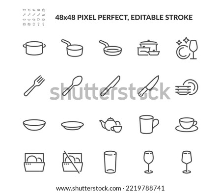 Simple Set of Tableware Related Vector Line Icons. Contains such Icons as Teapot, Clean dishes, Dish washer machine and more. Editable Stroke. 48x48 Pixel Perfect.