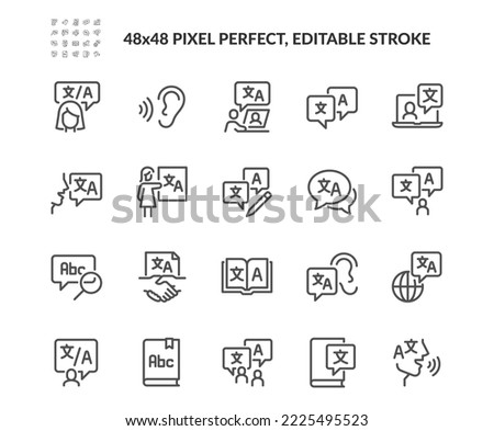 Simple Set of Learning Language Related Vector Line Icons. 
Contains such Icons as Listening Skills, Text Translation, Business Language and more. Editable Stroke. 48x48 Pixel Perfect.