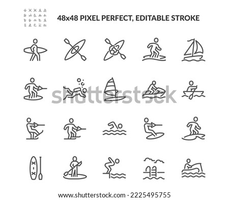Simple Set of Water Sport Related Vector Line Icons.  Contains such Icons as Riding Water Bike, SUP Boarding, Windsurfing and more. Editable Stroke. 48x48 Pixel Perfect.