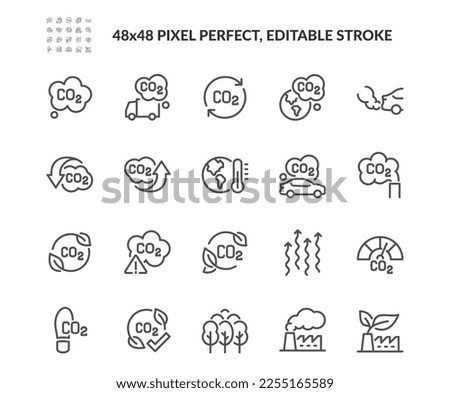 Simple Set of CO2 Related Vector Line Icons. Contains such Icons as Emission levels, Green Production, Earth and more. Editable Stroke. 48x48 Pixel Perfect.
