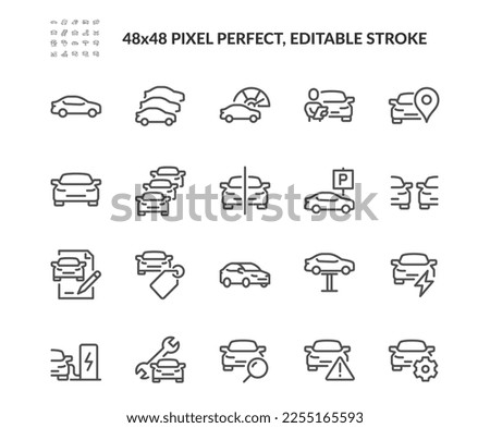 Simple Set of Car Related Vector Line Icons. Contains such Icons as tech review, stats comparing, dealership and more. Editable Stroke. 48x48 Pixel Perfect.
