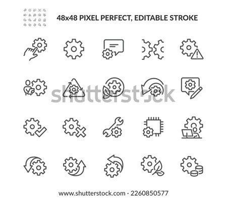 Simple Set of Gear Related Vector Line Icons. Contains such Icons as Engineering, Process, Settings and more. Editable Stroke. 48x48 Pixel Perfect.
