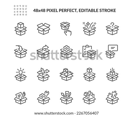 Simple Set of Box Related Vector Line Icons. Contains such Icons as Engineering Toolbox, Creative Collection, Abstract package box and more. Editable Stroke. 48x48 Pixel Perfect.