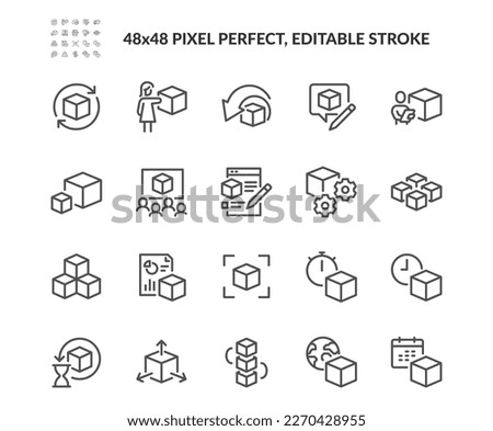 
Simple Set of Abstract Product Related Vector Line Icons. 
Contains such Icons as Module, Design Metaphor, Application and more. Editable Stroke. 48x48 Pixel Perfect.