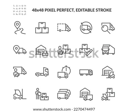 Simple Set of Truck Logistics Related Vector Line Icons. 
Contains such Icons as Cargo Inspection, Route, Forklift at warehouse and more. Editable Stroke. 48x48 Pixel Perfect.