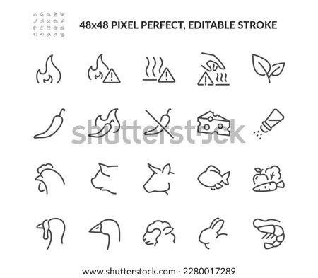 Simple Set of Food Labels Related Vector Line Icons. 
Contains such Icons as Vegetarian, Different Meat Types, Caution Hot sign and more. Editable Stroke. 48x48 Pixel Perfect.