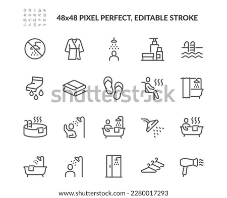 Simple Set of Showering and Bathing Related Vector Line Icons. 
Contains such Icons as Shower Cabin, Wet Towels, Hot tube and more. Editable Stroke. 48x48 Pixel Perfect.