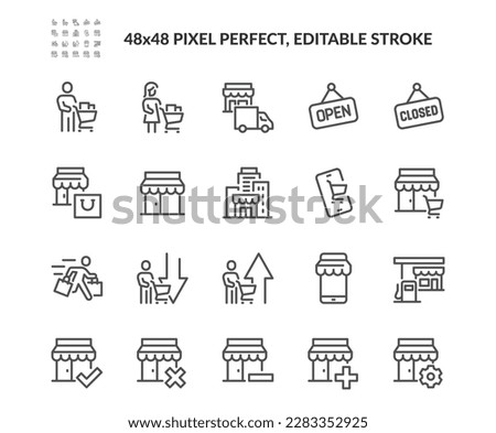 Simple Set of Shop Management Related Vector Line Icons. 
Contains such Icons as Increase Sales, Running Buyer, Open Sign and more. Editable Stroke. 48x48 Pixel Perfect.