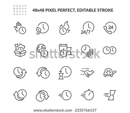 Simple Set of Time Related Vector Line Icons. Contains such Outline Icons as Time Speed, Hold, 24h Available and more. Editable Stroke. 48x48 Pixel Perfect. Davooda Style. Drawn by real human.
