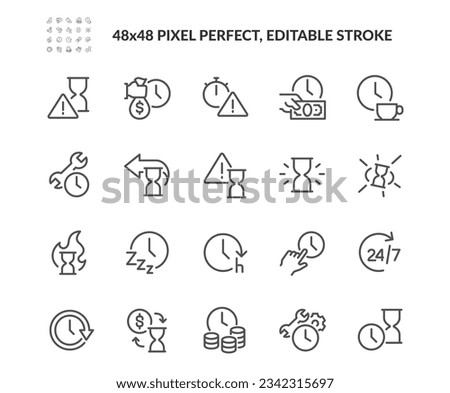 Simple Set of Time Related Vector Line Icons. Contains such Outline Icons as Money for Time, Coffee Break, Sand Watch and more. Editable Stroke. 48x48 Pixel Perfect. Davooda Style. Drawn by real human
