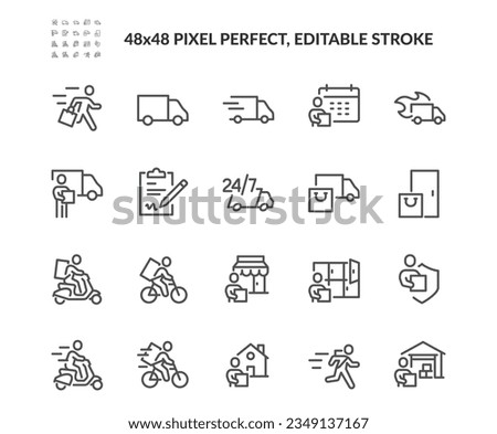 Simple Set of Food and Package Delivery Vector Line Icons. 
Contains such Outline Icons as logistic, leave at door, shipping and more. Editable Stroke. 48x48 Pixel Perfect. Davooda Style. 