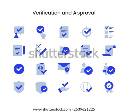 Set of Verification and Approval Related Icons. Contains such icons as stamp, confirmation, security shield and more. Editable.